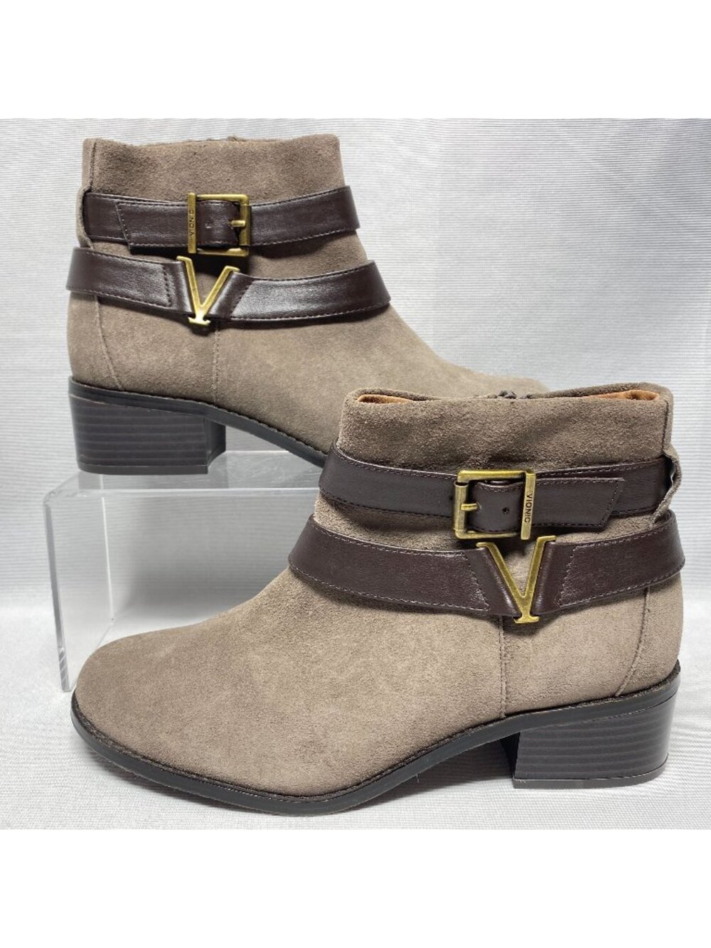 Vionic Womens Size 6.5 Mana Ankle Boots Taupe Suede Brown Buckle Zipper Closure